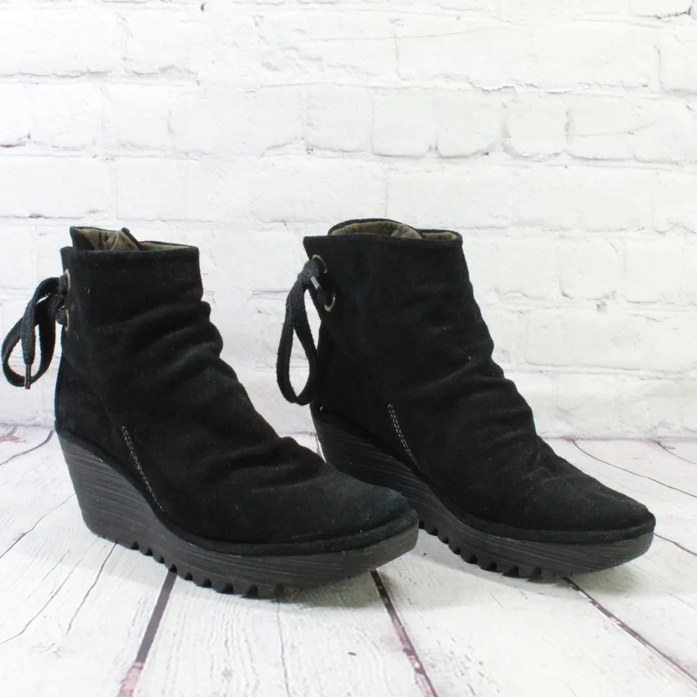 FLY London Yama Black Suede Wedge Ankle Bootie Boot Size 40 US 10 - Picture 3 of 9